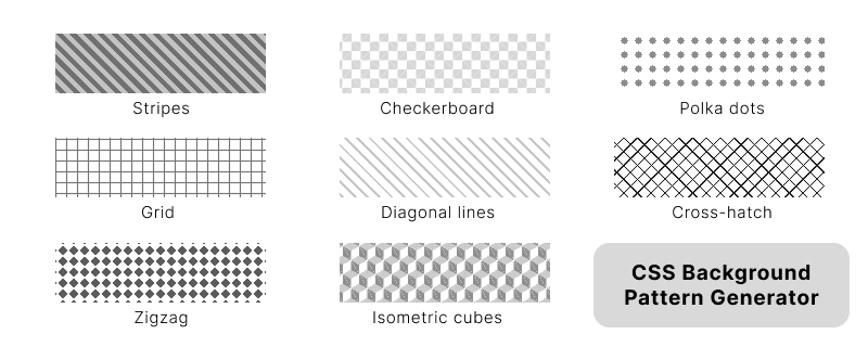 CSS background pattern generators for stripes, polka dots, grid, diagonal lines, cross-hatch, zigzag, and isometric cubes with live preview