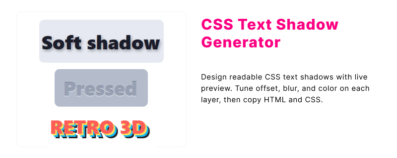 CSS text shadow generator showing layered shadow on large display text with sliders for offset, blur, and color