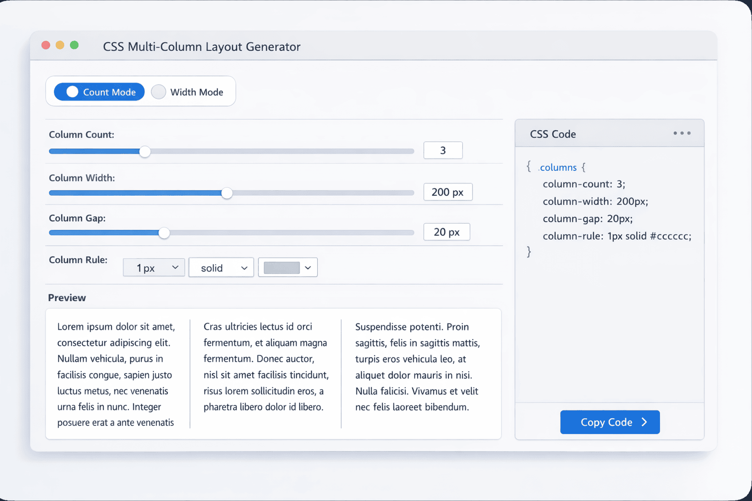 CSS Paragraph Text Multiple Columns Layout Generator