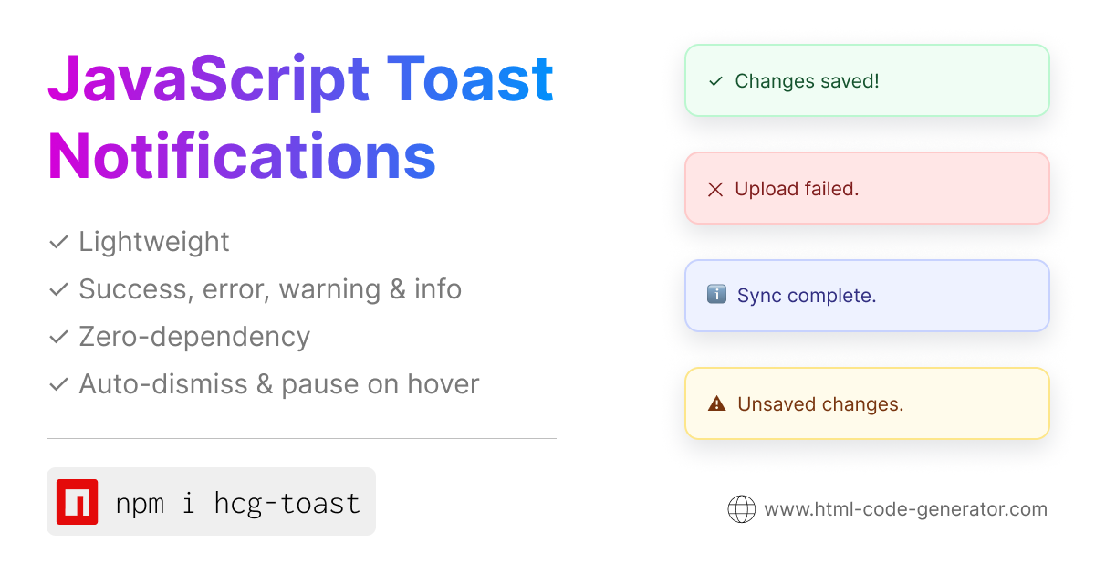 Toast Notification - Zero-Dependency JavaScript Library