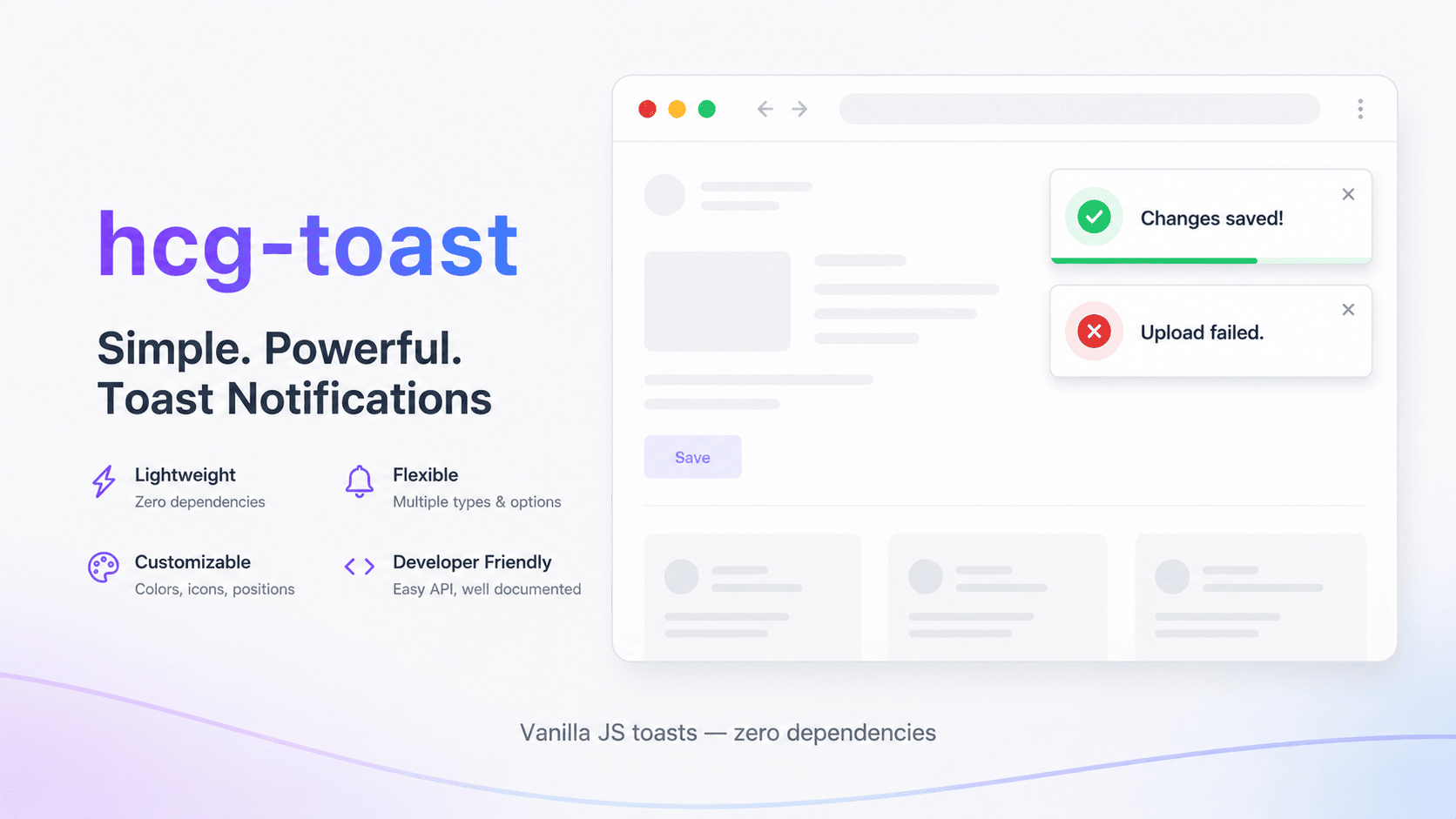 hcg-toast JavaScript toast notification examples — success, error, warning, and info messages stacked in the top-right corner of a web page