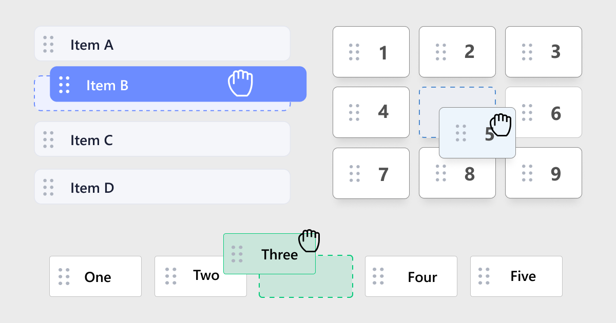 hcg-sortable examples showing vertical list sorting, horizontal row sorting, and grid sorting with drag handles and placeholders