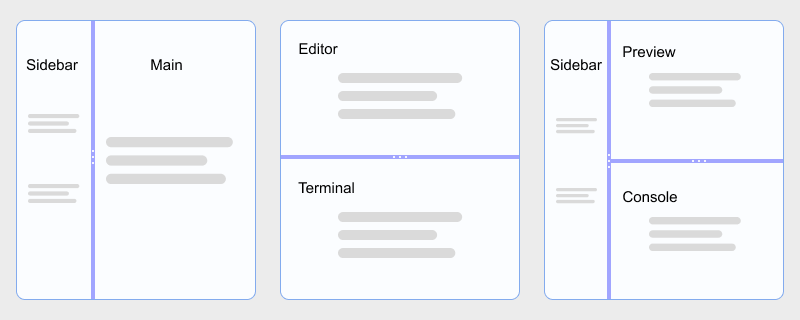 hcg-split-pane examples: horizontal sidebar split, vertical editor and terminal stack, and nested IDE-style layout