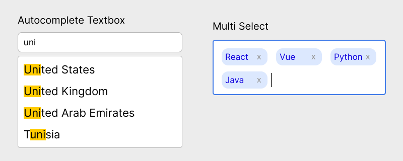 hcg-autocomplete examples: typeahead with match highlighting on country names, and multi-select chips for frameworks and languages