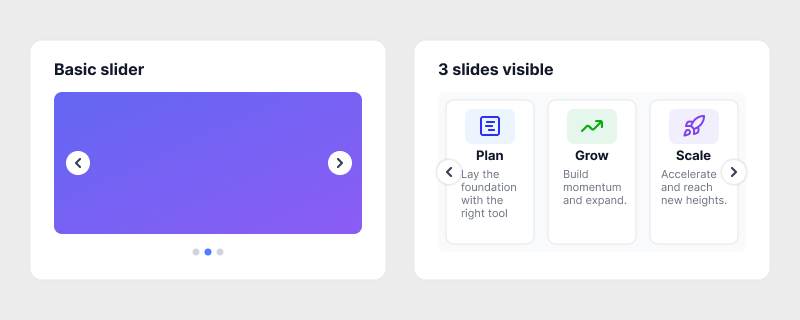 hcg-carousel examples: image slider with arrows and dots, autoplay carousel, and multiple visible slides with gap spacing