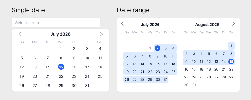 hcg-date-picker examples: single date calendar, datetime with time controls, date range highlighting, and inline calendar