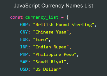 JavaScript Array Currency list