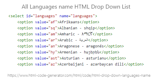 All Languages Name Html Drop Down Select List