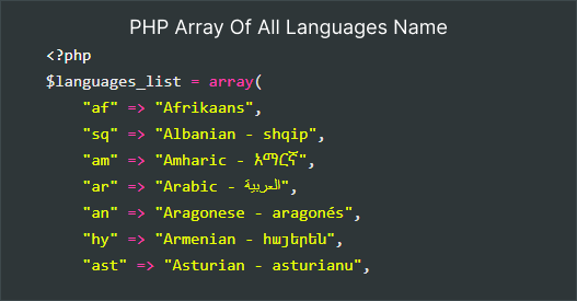 PHP Array Of All Languages Name And Code