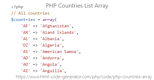 country code list php array