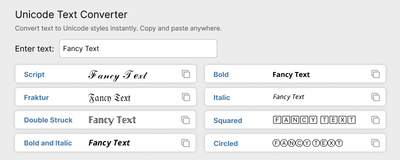 Unicode text converter with Fancy Text shown in script, bold, italic, Fraktur, circled and squared Unicode styles